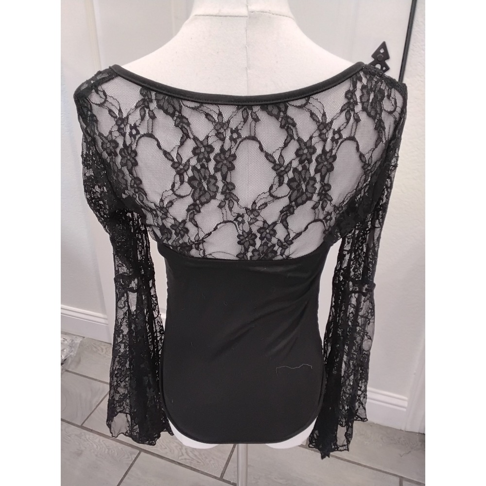 Romwe Black Gothic Lace Bell Sleeve Cross Pendant Top Sweetheart Neck Small - Picture 4 of 6